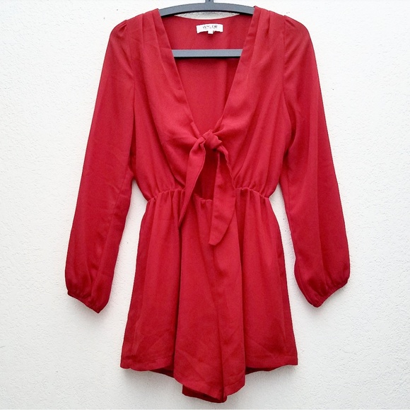 Wyldr Pants - Wyldr Red Long Sleeve Low Cut Tie Front Romper